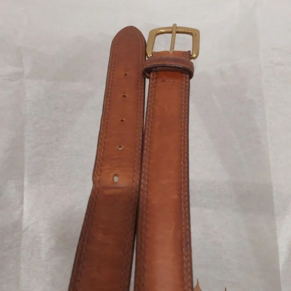 Men's Belt Brown Leather Double Stitched Edging Brass Buckle 39 Handmade America